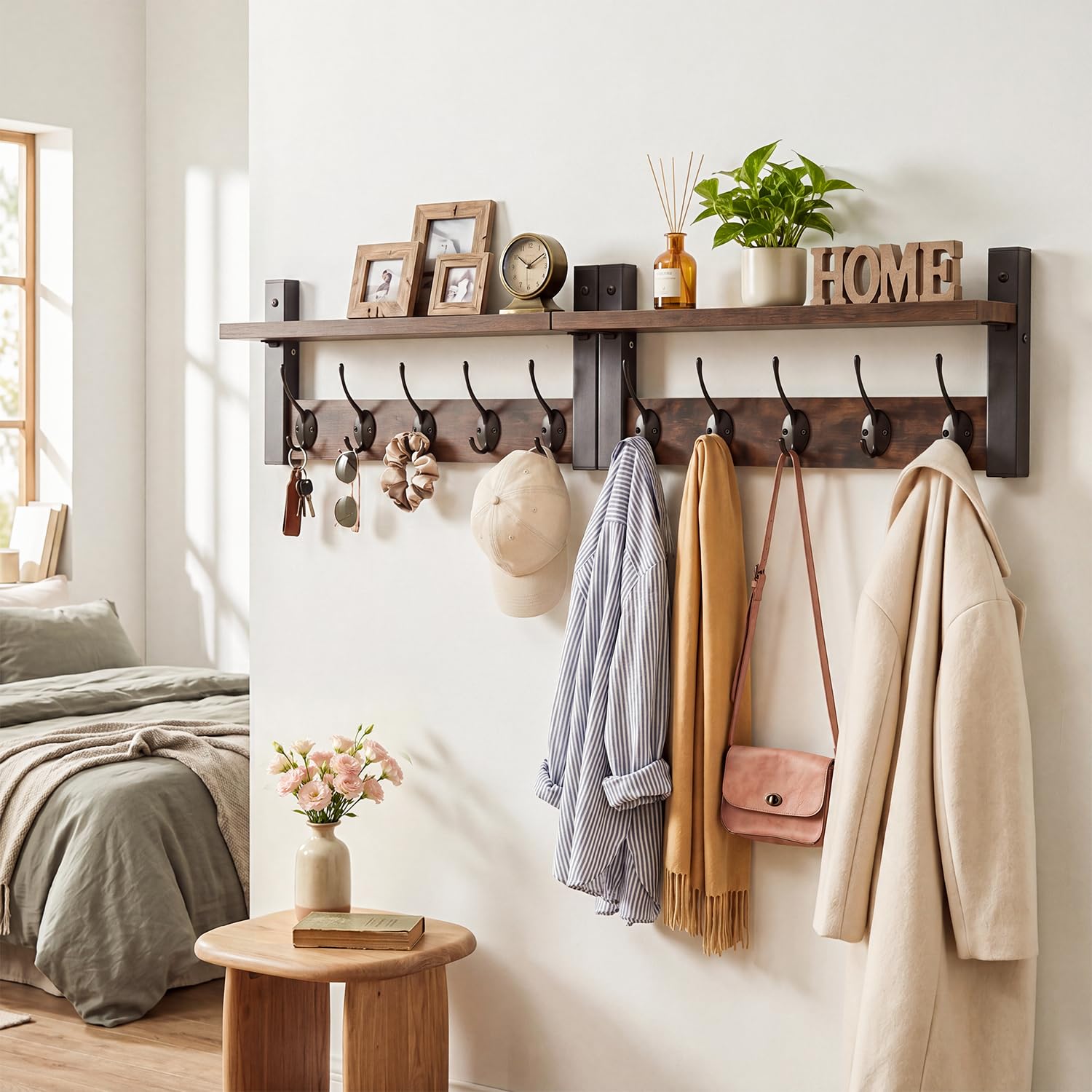 DongRong Coat Rack with Shelf 87cm, 10 Coat Hooks, Metal & Wood, Set of 2