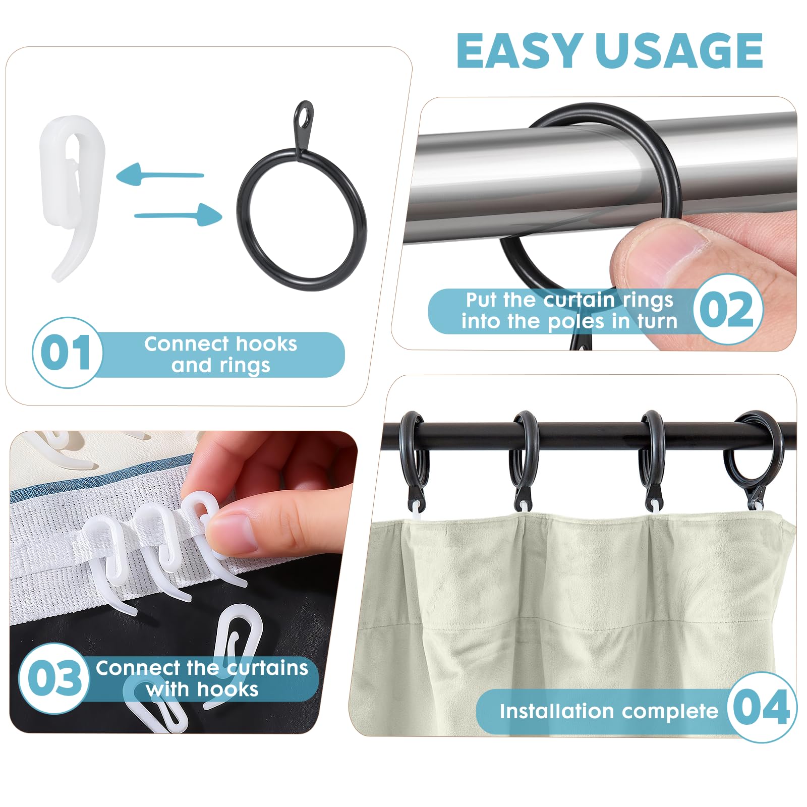 24 Pieces black metal curtain rings and 24 Pieces white plastic Curtain Hooks for curtains (30mm internal diameter)