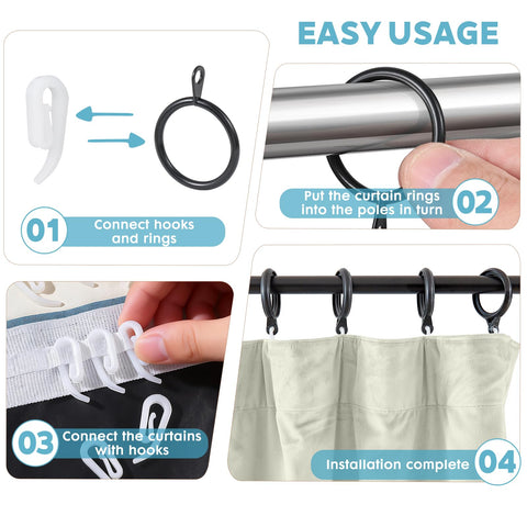 24 Pieces black metal curtain rings and 24 Pieces white plastic Curtain Hooks for curtains (30mm internal diameter)