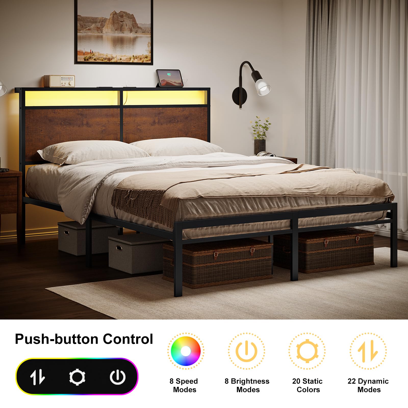 Mossora King Bed Frame with LED Headboard & Charging Station 150 * 200cm