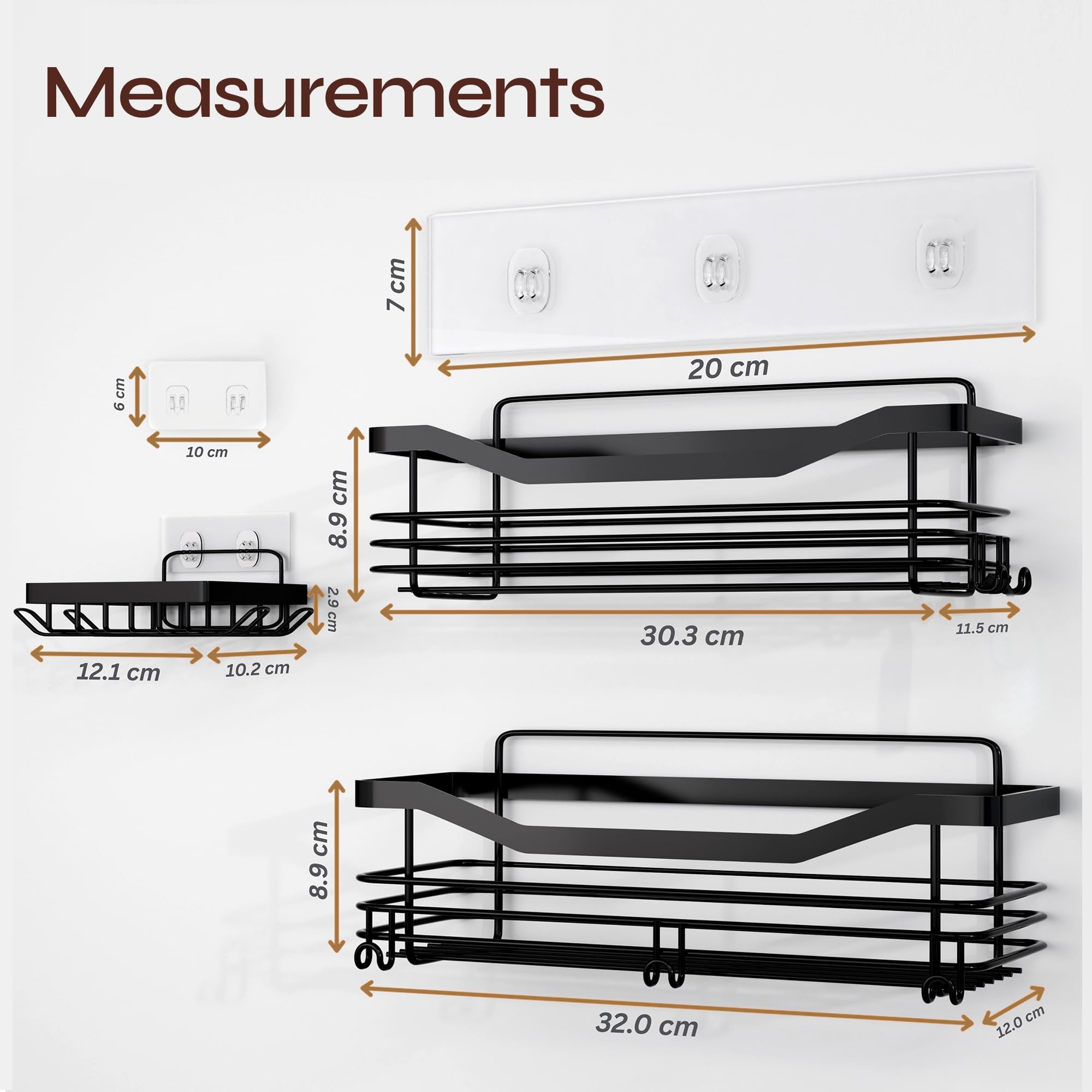Zor Ventures Shower Caddy 3 Pack No Drill – Self Adhesive Bathroom Caddy, Wall Mounted Shower Organiser with Shelf & Rack, Soap Holder & Hooks