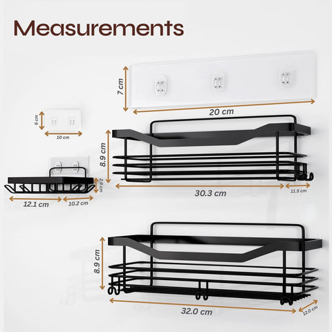 Zor Ventures Shower Caddy 3 Pack No Drill – Self Adhesive Bathroom Caddy, Wall Mounted Shower Organiser with Shelf & Rack, Soap Holder & Hooks