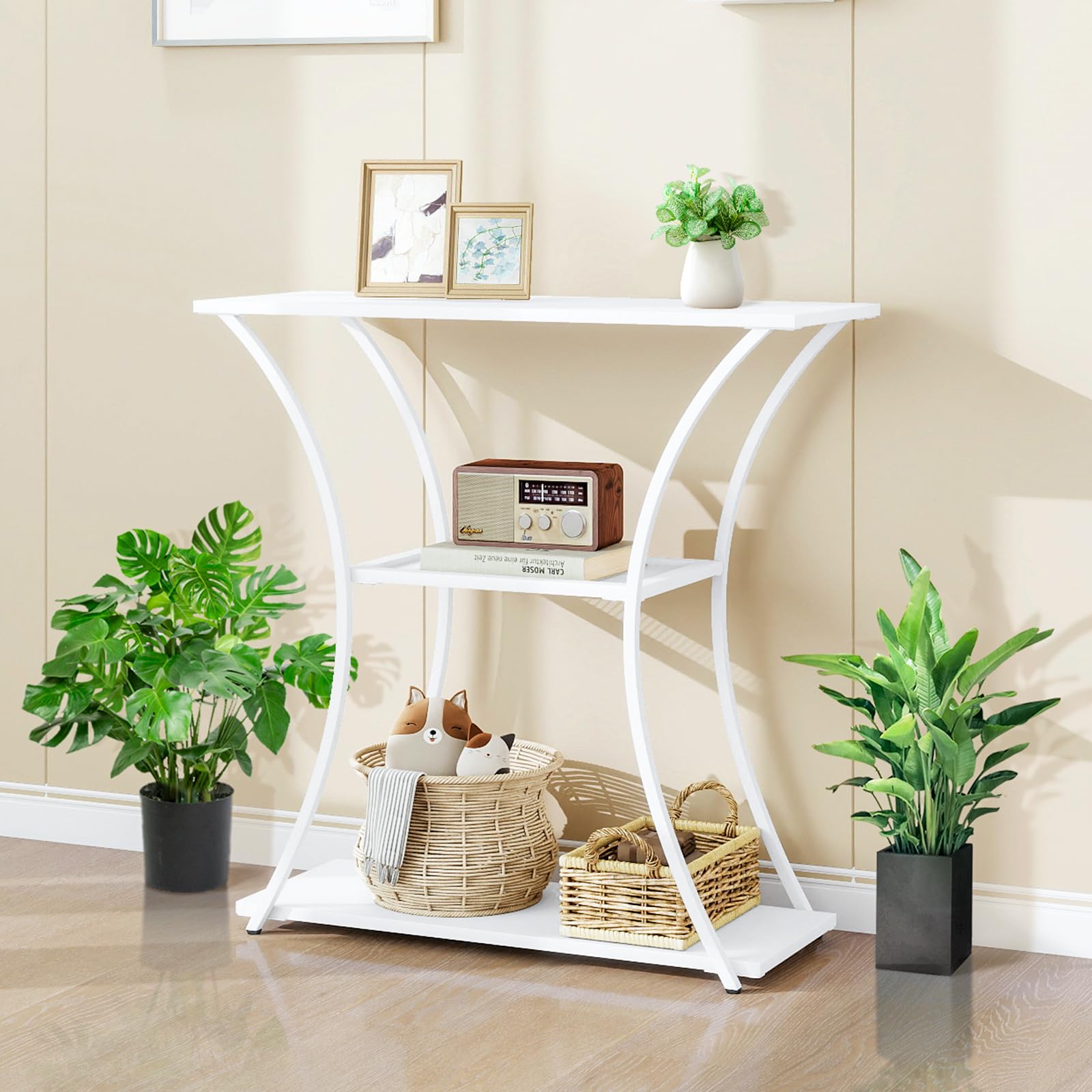 HDANI 3-Tier Metal Console Table with Grid Shelf, Narrow Hallway Table with Sturdy Frame, Entrance Table & Sofa Table for Hallway, Living Room