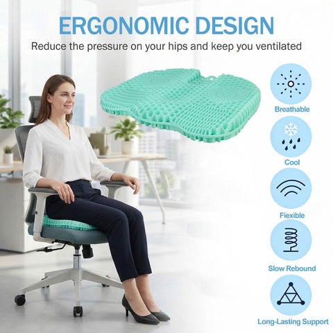 wiksite Gel Seat Cushion - Double Thick Egg Seat Cushion for Long Sitting Cool Breathable Honeycomb Design Chair Gel Cushion for Support and