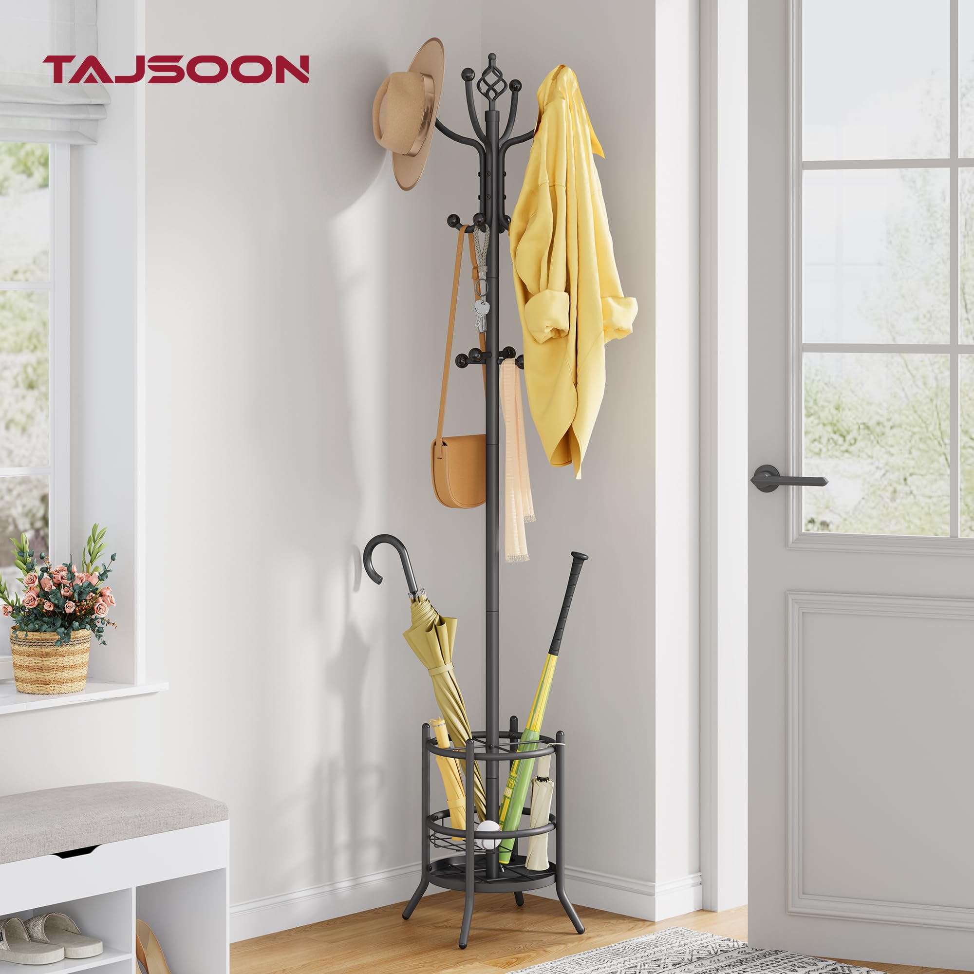 Tajsoon Coat Tree with Umbrella Stand, Coat Rack With 16 Hooks, Grey