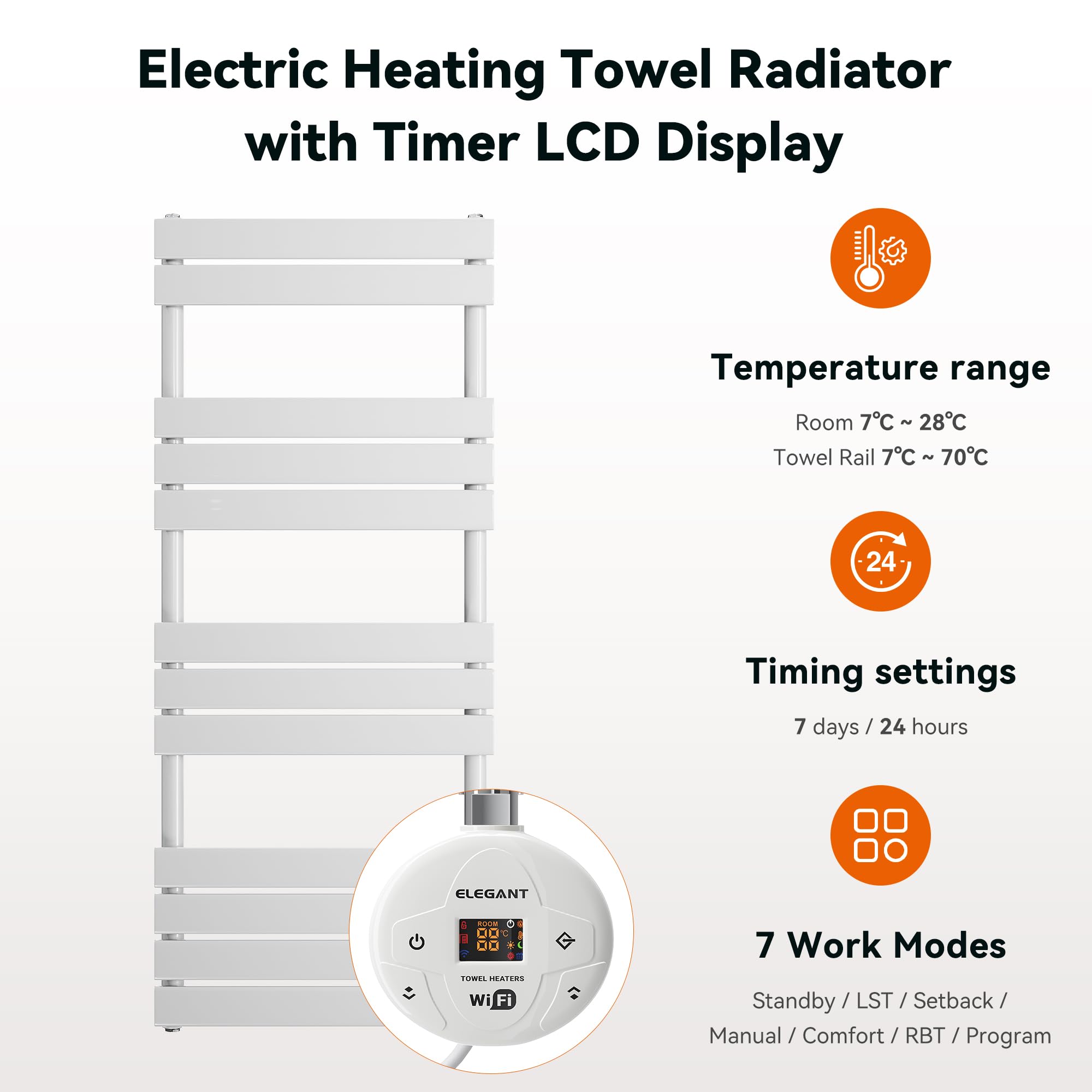 ELEGANT 600W 1250 x 500mm White Electric WiFi-Controlled Heated Towel Rail
