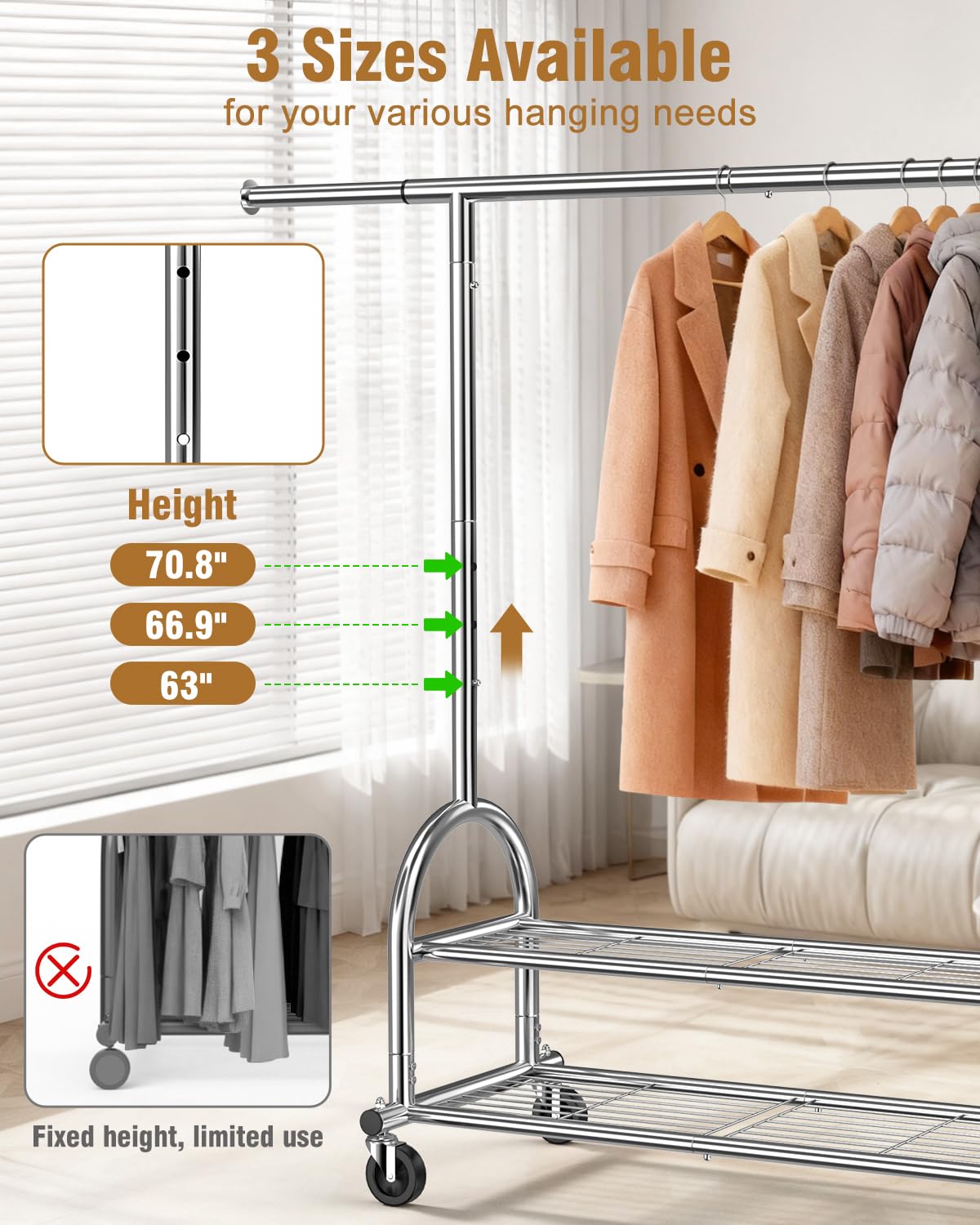 EAGMAK Heavy Duty Clothes Rail Load 252 KG, Rolling clothing Rail with Sturdy Wheels and 2 Shelves, Height Adjustable Metal Coat Racks