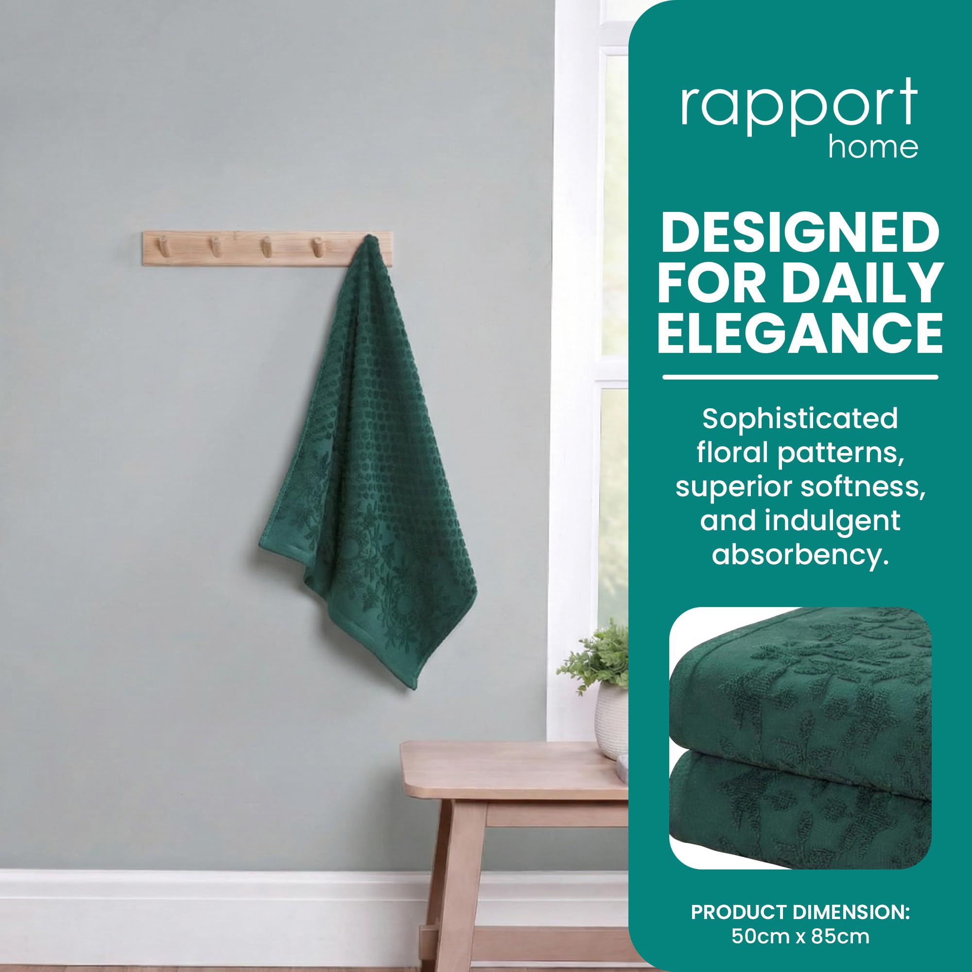 Rapport Home Versailles Jacquard Hand Towels 2 Pack - Jade Green, 50x85cm