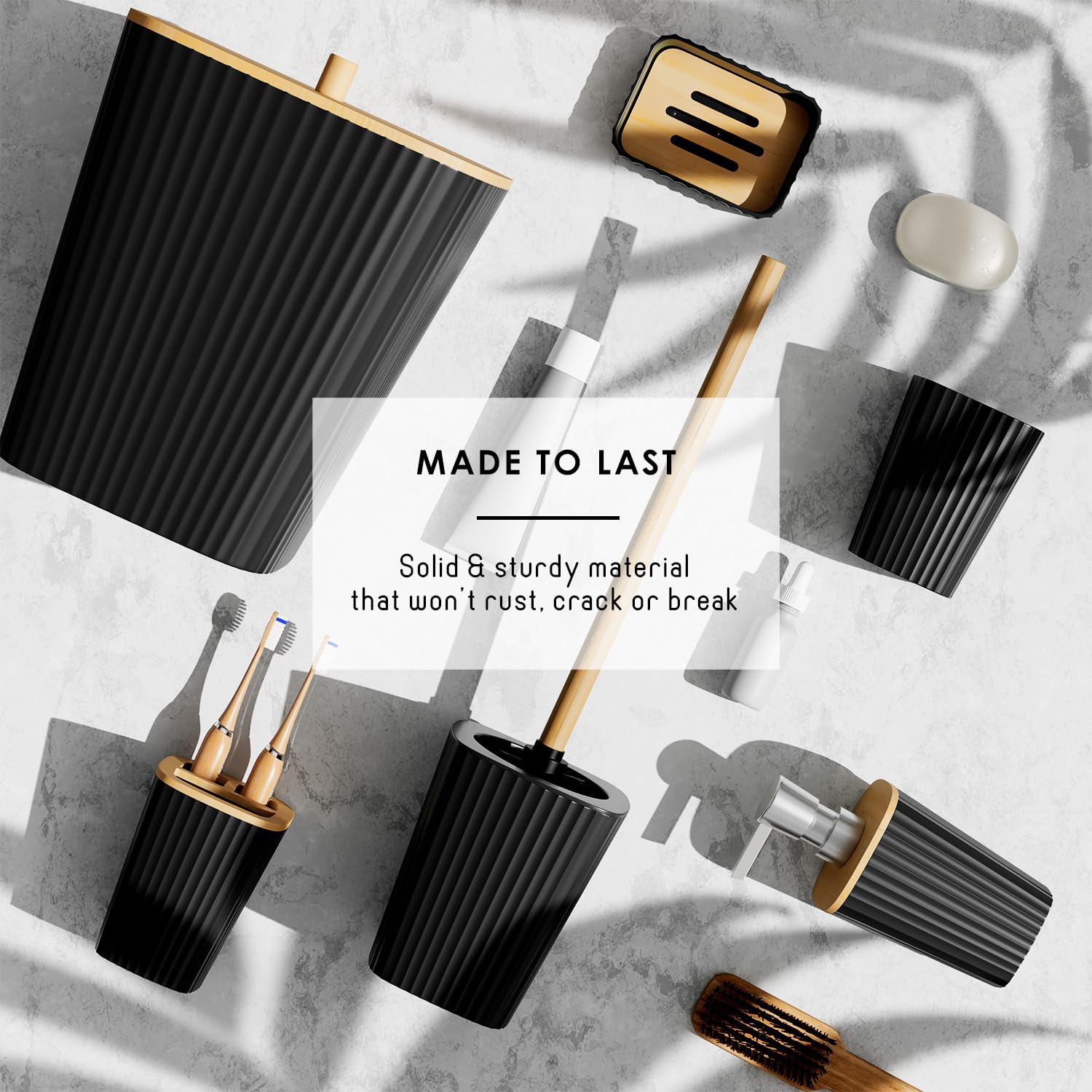 Clara Clark Bathroom Accessories Set - Bathroom Accessory Set with Shower Curtain Set, Toilet Brush, Trash Can & Soap Dispenser (Black, Complete Set)