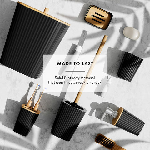 Clara Clark Bathroom Accessories Set - Bathroom Accessory Set with Shower Curtain Set, Toilet Brush, Trash Can & Soap Dispenser (Black, Complete Set)