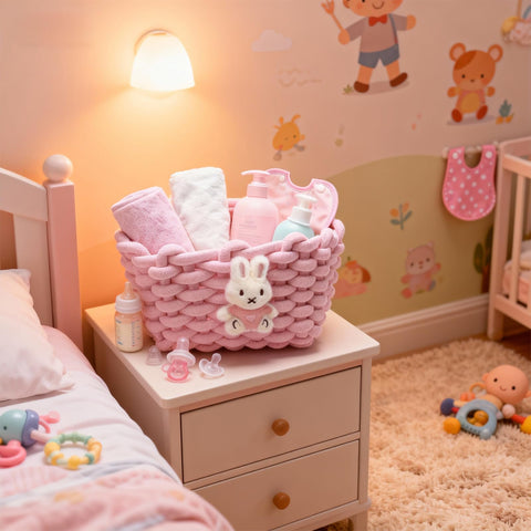 Woven Cotton Wicker Storage Basket with Bear Motif, White - Bathroom Organizer for Desk, Makeup Table, Cabinets, Bath, Kitchen (Pink - Rabbit)