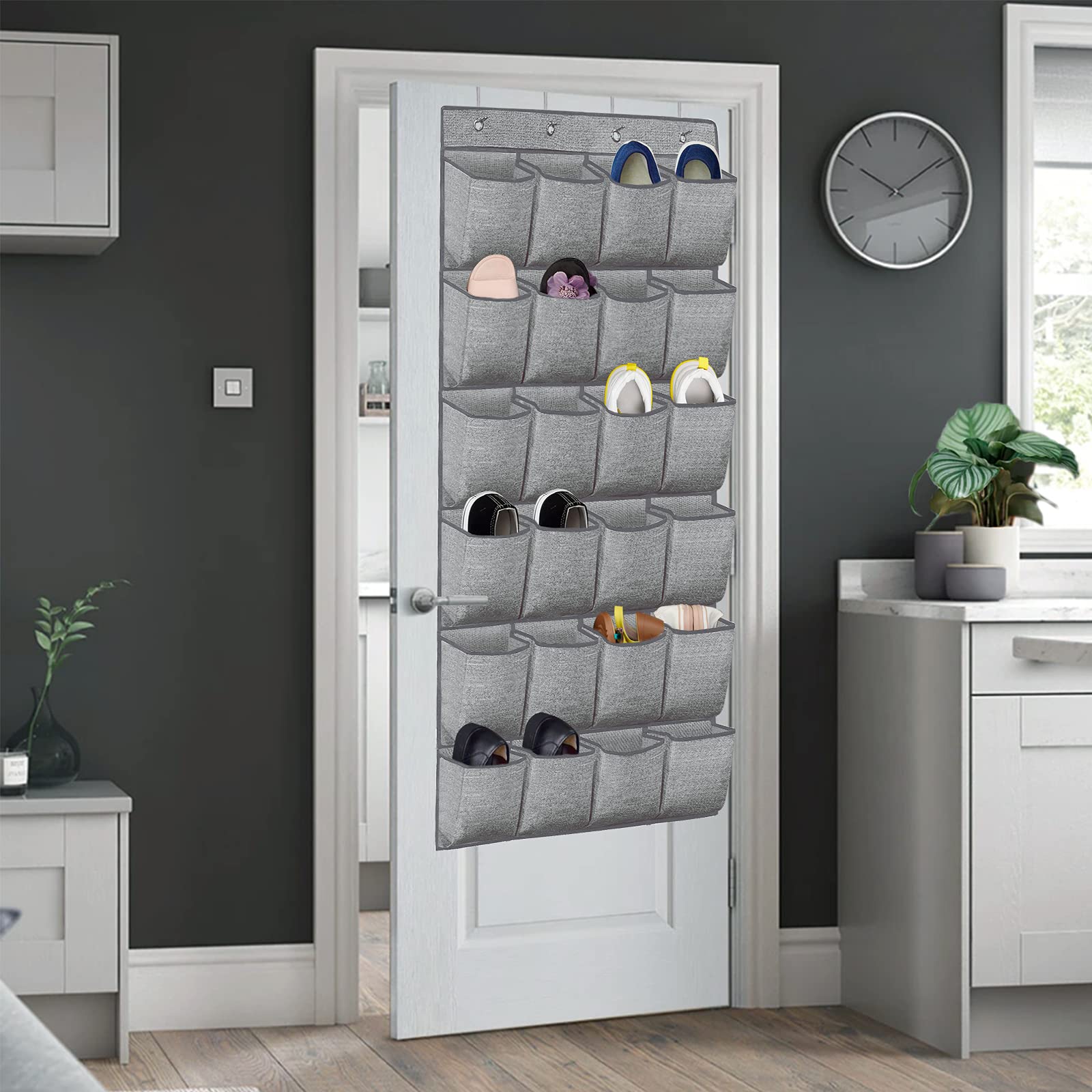 Over the Door Shoe Organizer,Hanging Shoe Holder with 24 Extra Large Fabric Pockets for Storage Men Sneakers,Women High Heeled Shoes,Slippers Grey
