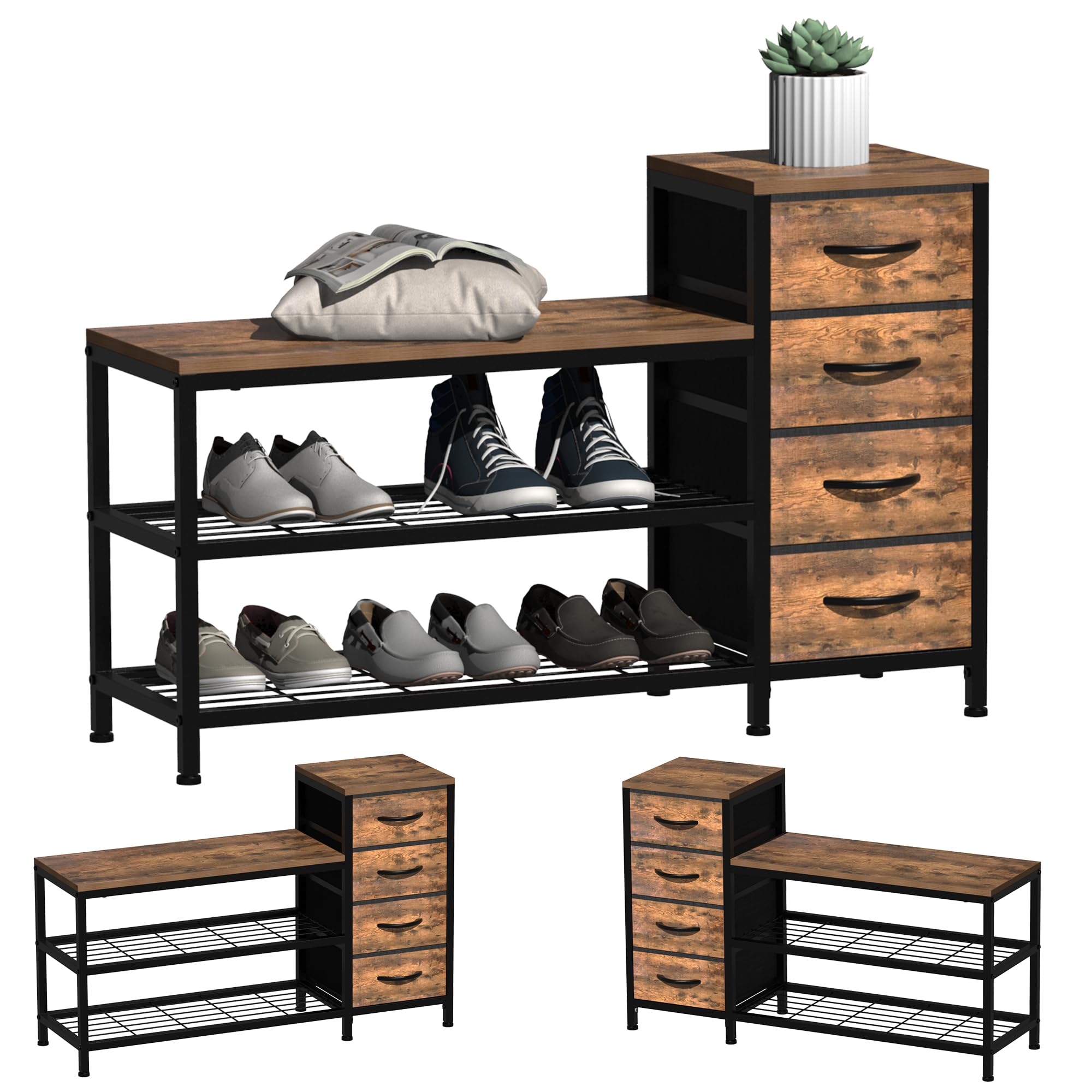 Welfuturer 3-Tier Shoe Storage Bench with 4 Fabric Drawers and Seat, Industrial Shoe Rack Cabinet with Shoe Shelf Storage for Hallway, Entryway