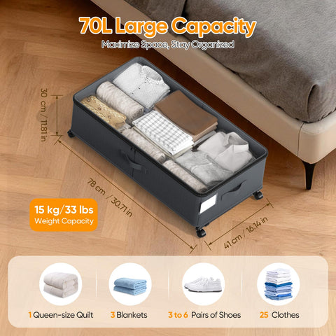 Ovshnrr 70L Under Bed Storage with Wheels, 2 Pack XXL Underbed Storage Drawers, Adjustable 10in High Closet Organizers with Lid