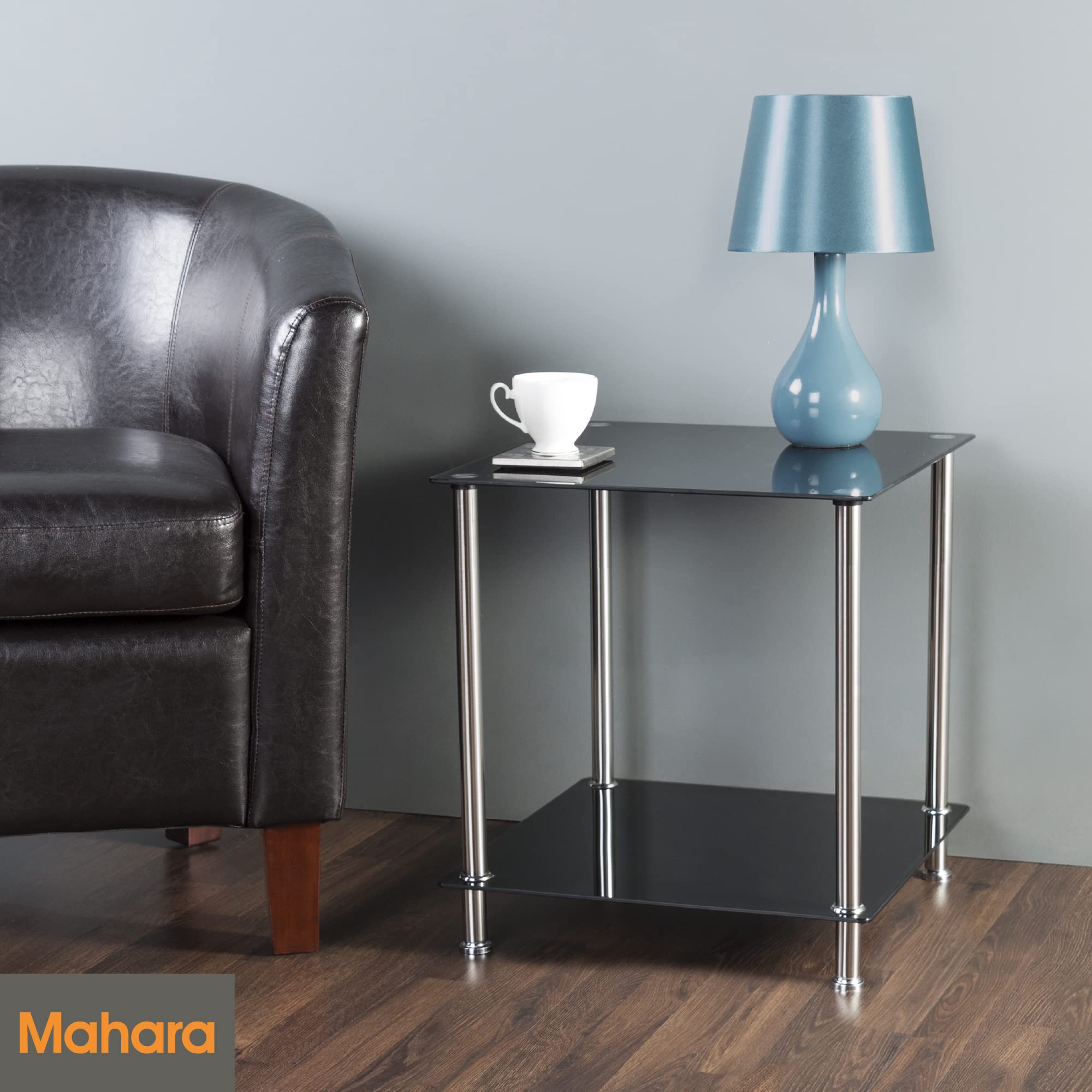 mahara Black Glass Side Table - Coffee Table - End Table - with glass shelf - Square, 45cm x 45cm, for Living Rooms, Lounges, Studies