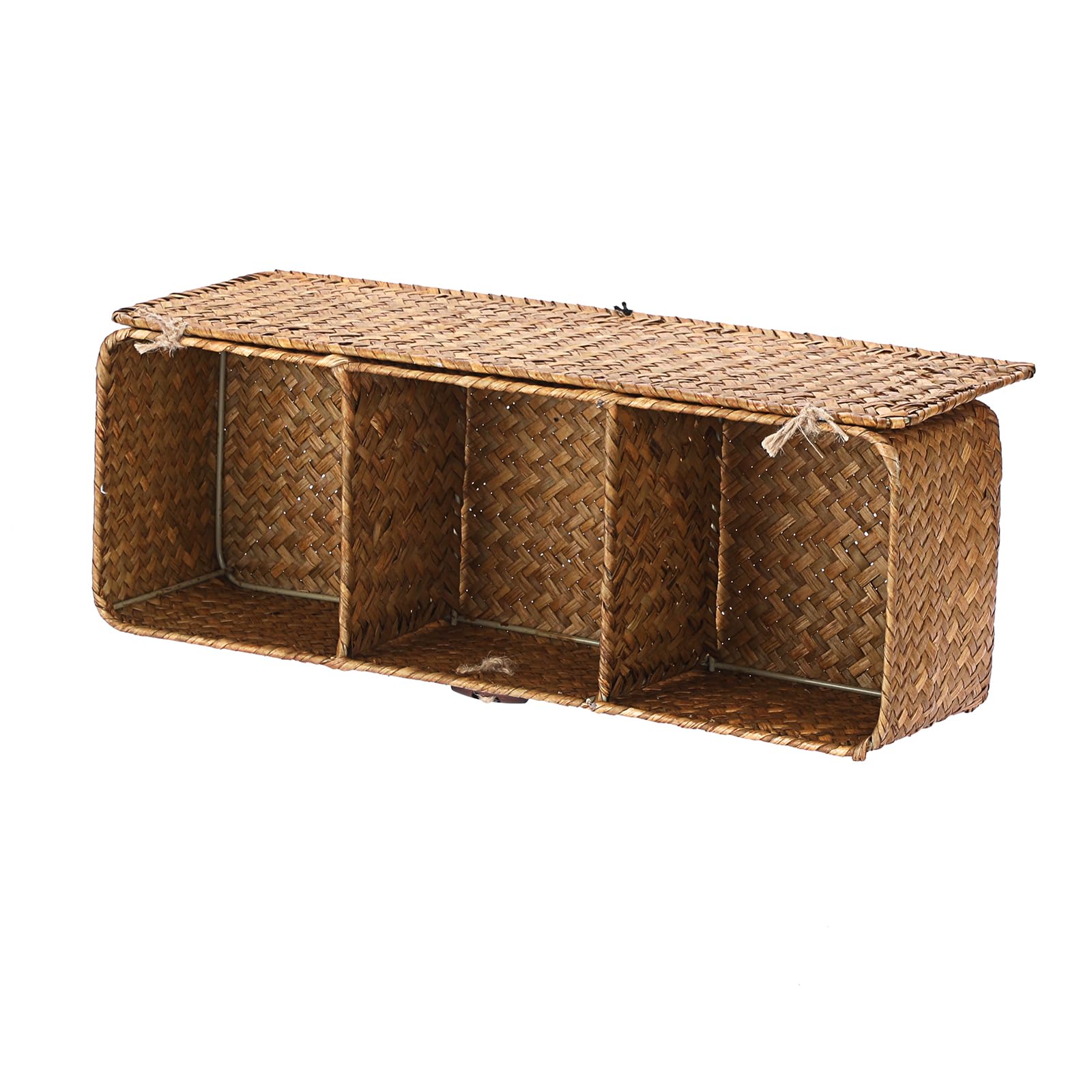 IGNPION 3-Compartment Seagrass Storage Baskets with Lid Woven Seagrass Desktop Basket Bathroom Storage Organiser Box