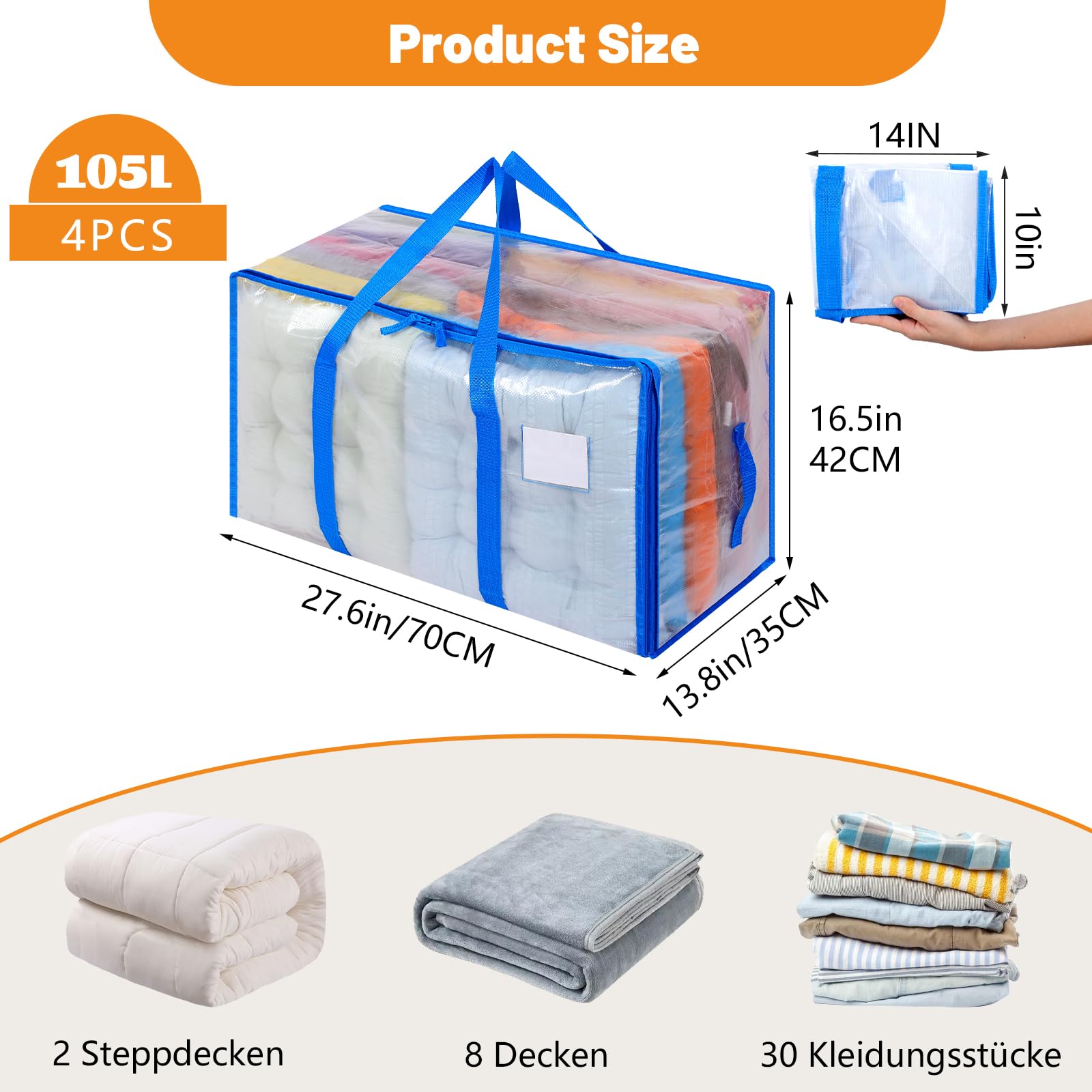 Dntorx 4 Pack 105L Moving Bags Clothes Storage Bags Drom Packing Box, Blue