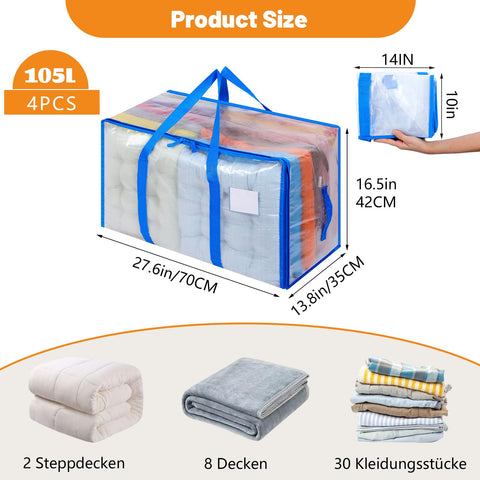 Dntorx 4 Pack 105L Moving Bags Clothes Storage Bags Drom Packing Box, Blue