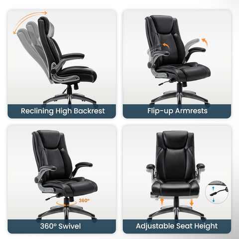 Ergonomic Executive Office Chair with Adjustable Lumbar Support, Flip-up Armrests, Double Padded Seat & Tilt Function