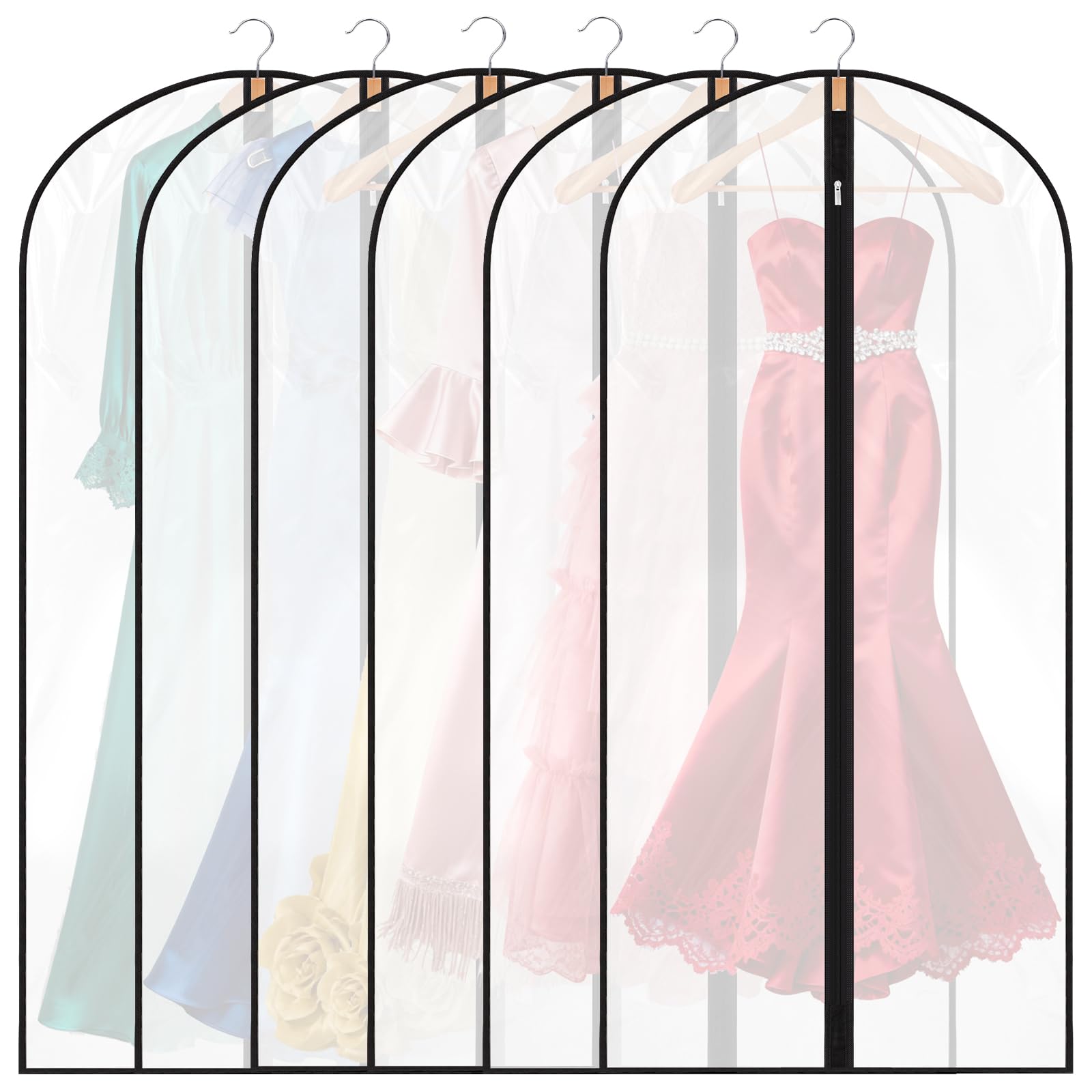 6 Pack Garment Bags, 47in PEVA Suit Bags Clothes Covers, Black Edge