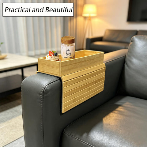 QQdou Bamboo Sofa Arm Tray — Foldable Couch Armrest Table with Cup Holder, Anti-Slip Wooden Arm Tray Organiser for Remote, Phone, Snacks & Drinks