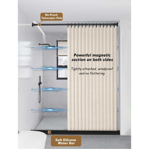 Momooda Waterproof Folding Heavy Duty Shower Curtain with Hooks, Magnetic Sripe Splash-proof, Anti Mould Linen Shower Curtain for Bathroom, Beige
