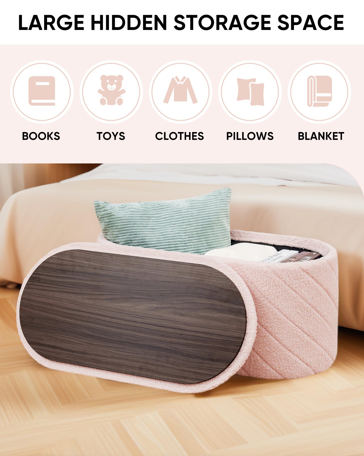 Bonlife Oval Ottoman Storage Bench, Folding Foot Rest with Lid, Boucle End of Bed Bench,Foostool for Living Room,Bedroom,Entryway,Pink,76x38x38cm
