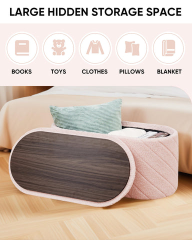 Bonlife Oval Ottoman Storage Bench, Folding Foot Rest with Lid, Boucle End of Bed Bench,Foostool for Living Room,Bedroom,Entryway,Pink,76x38x38cm