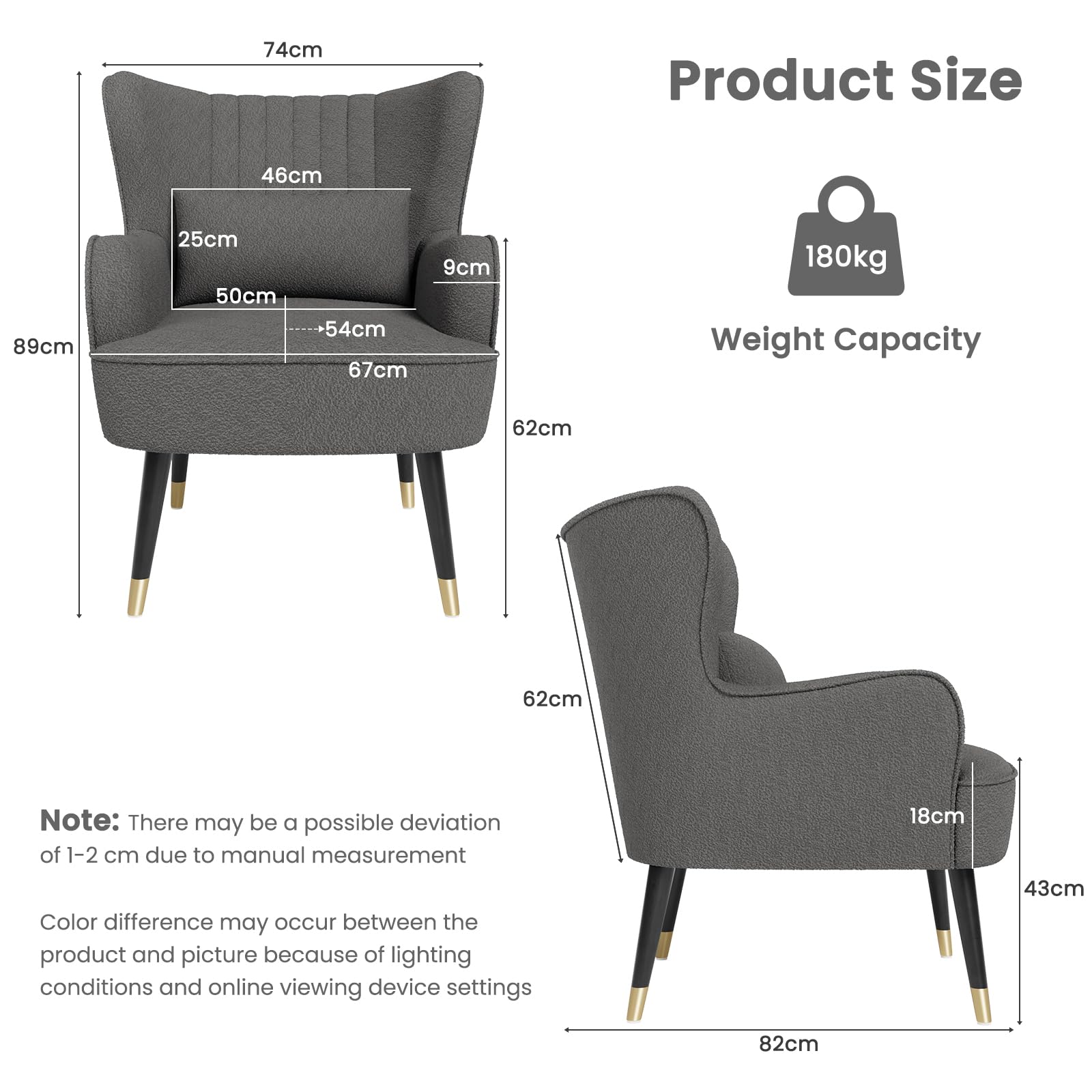 Vesgantti Teddy Accent Chair with Lumbar Pillow, Wing Back Large Armchair