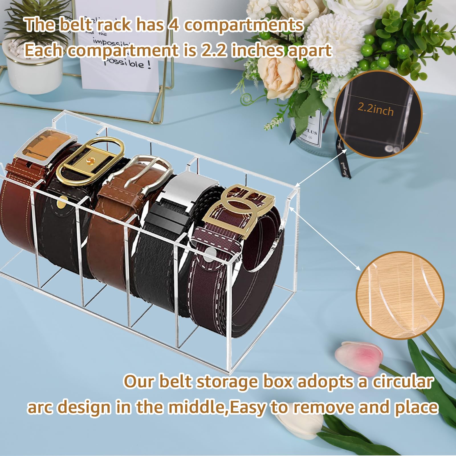 Bpyhebe Acrylic Belt Storage Organizer, 5 Compartments Belt Tidy Box for Drawers and Wardrobe, Clear Belts Rack Display Case