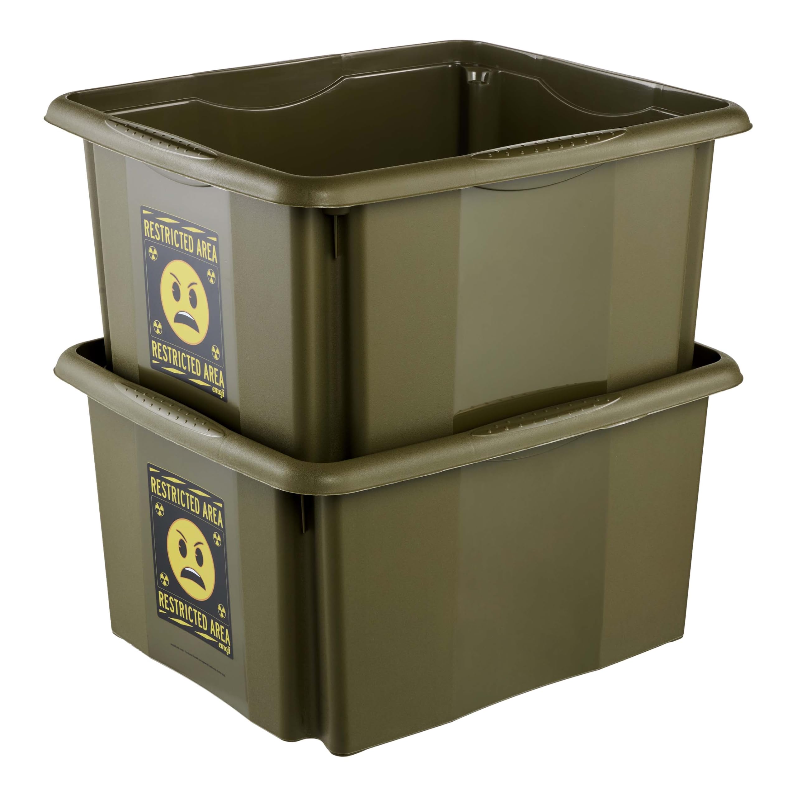 keeeper karolina storage box with lid, 24 l, rotatable and stackable, Emoji Danger design, For children, olive green (Olive)