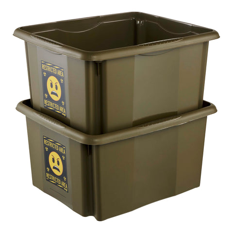 keeeper karolina storage box with lid, 24 l, rotatable and stackable, Emoji Danger design, For children, olive green (Olive)