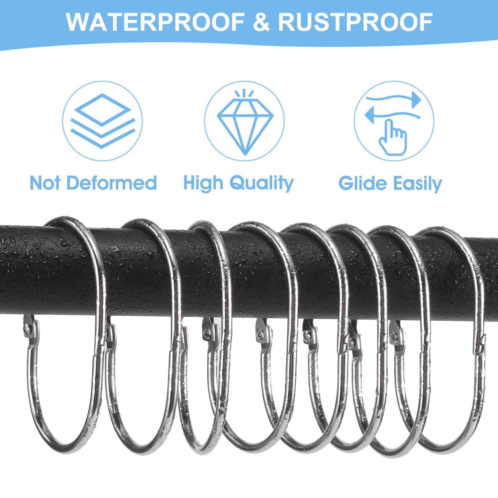 Goowin Shower Curtain Hooks, 12 Pcs Shower Curtain Rings Rust Proof Metal Oval Rings Clasp Closed Shower Curtain Rings for Bathroom Shower Rods