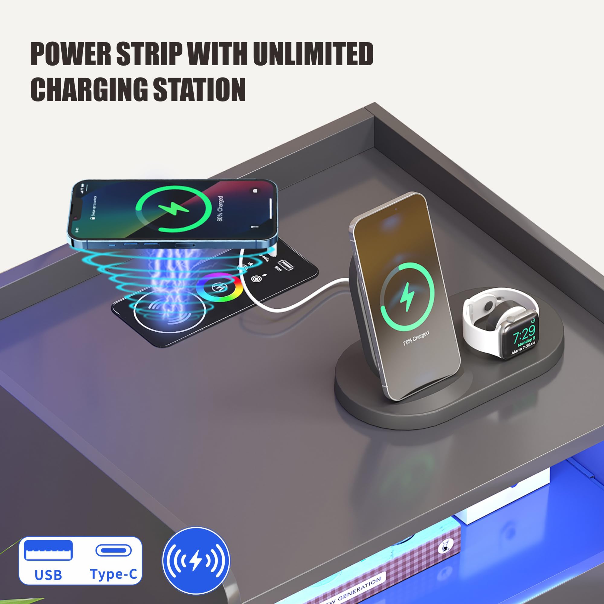 FREDEES Bedside Table with Charging Station and LED Lights, Grey