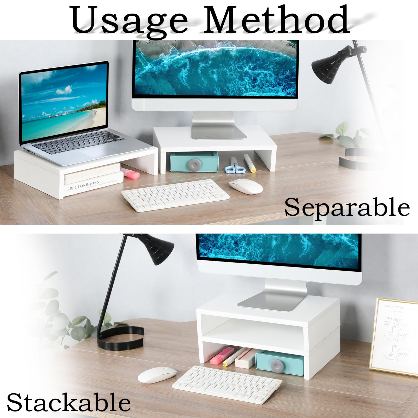 TEAMIX White Monitor Stand Riser-2 Pack,Wood 2 Tier Adjustable Dual Monitor Riser for 2 Monitors/Laptop/PC Computer Stand for Desk