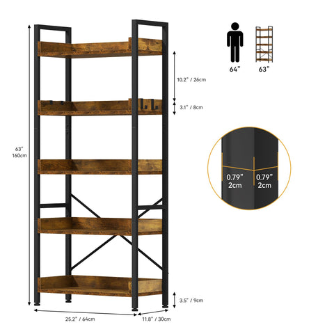 DWVO Tall Bookcase 5 Tiers, Floor Standing Industrial Book Shelf 64cm Wide 160cm High Large Book Case Wooden Shelf and Metal Shelving Unit Display