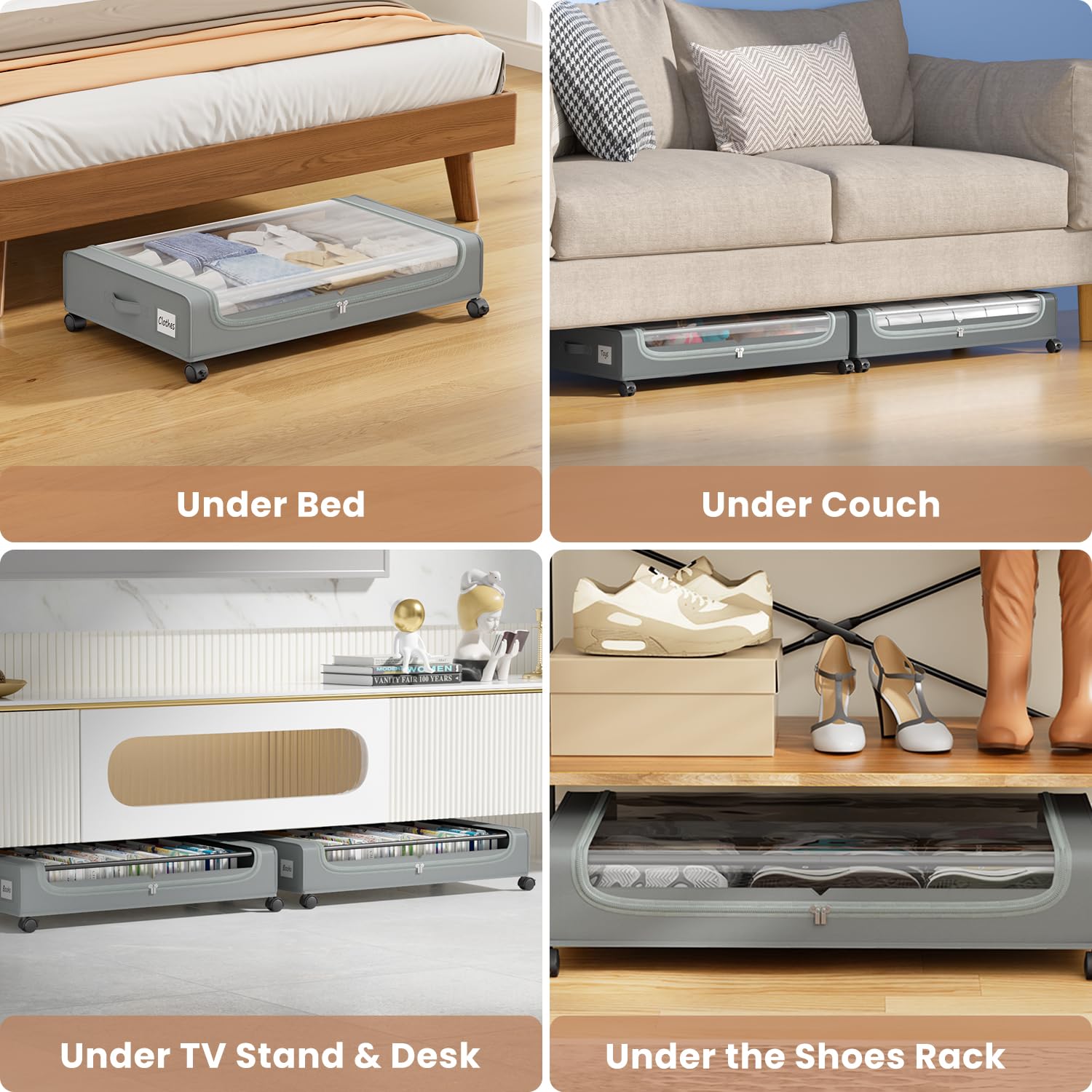 PHINOX Large Fabric Under Bed Storage on Wheels & Dust Cover, Grey, 2 PCS