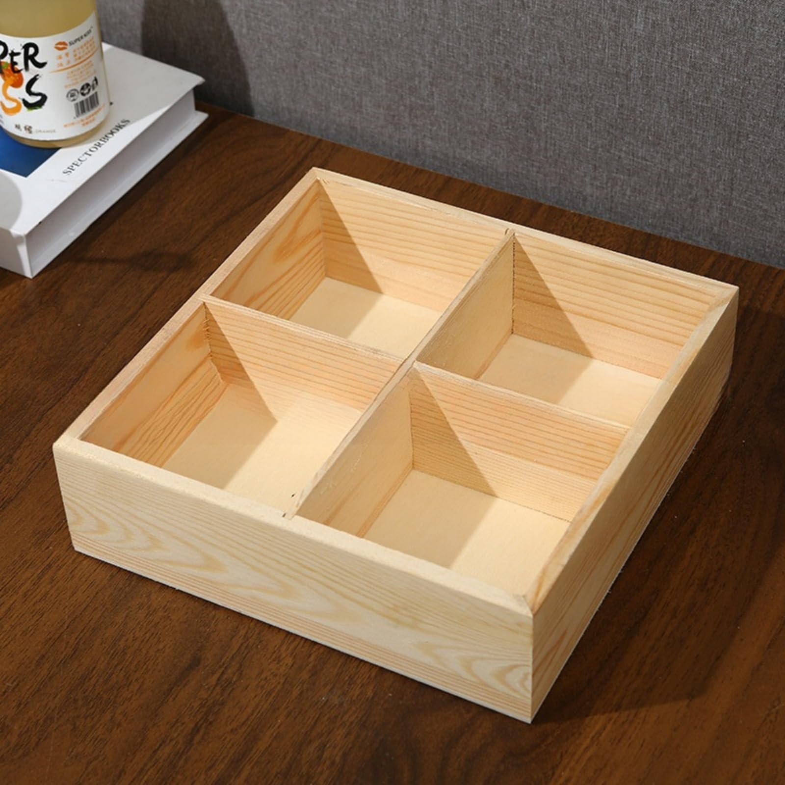 Anktily Unfinished Square Wooden Storage Divider Box, 4 Compartments Showcase Display Box, Socks Organizer, Underwear Storage Case