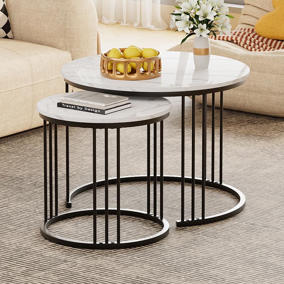 Round Coffee Tables, Set of 2 End Table, Nesting Tables, Side Table with Metal Frame for Living Room/Bedroom/Balcony/Office/Apartment