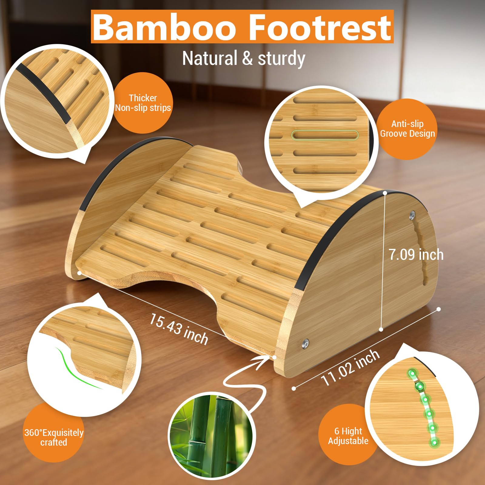 Under Desk Foot Rest,2-in-1 Adjustable Ergonomic Footrest for Office & Home,Bamboo Foot Stool with 6 Heights,Rocking & Flat Modes-Anti-Slip