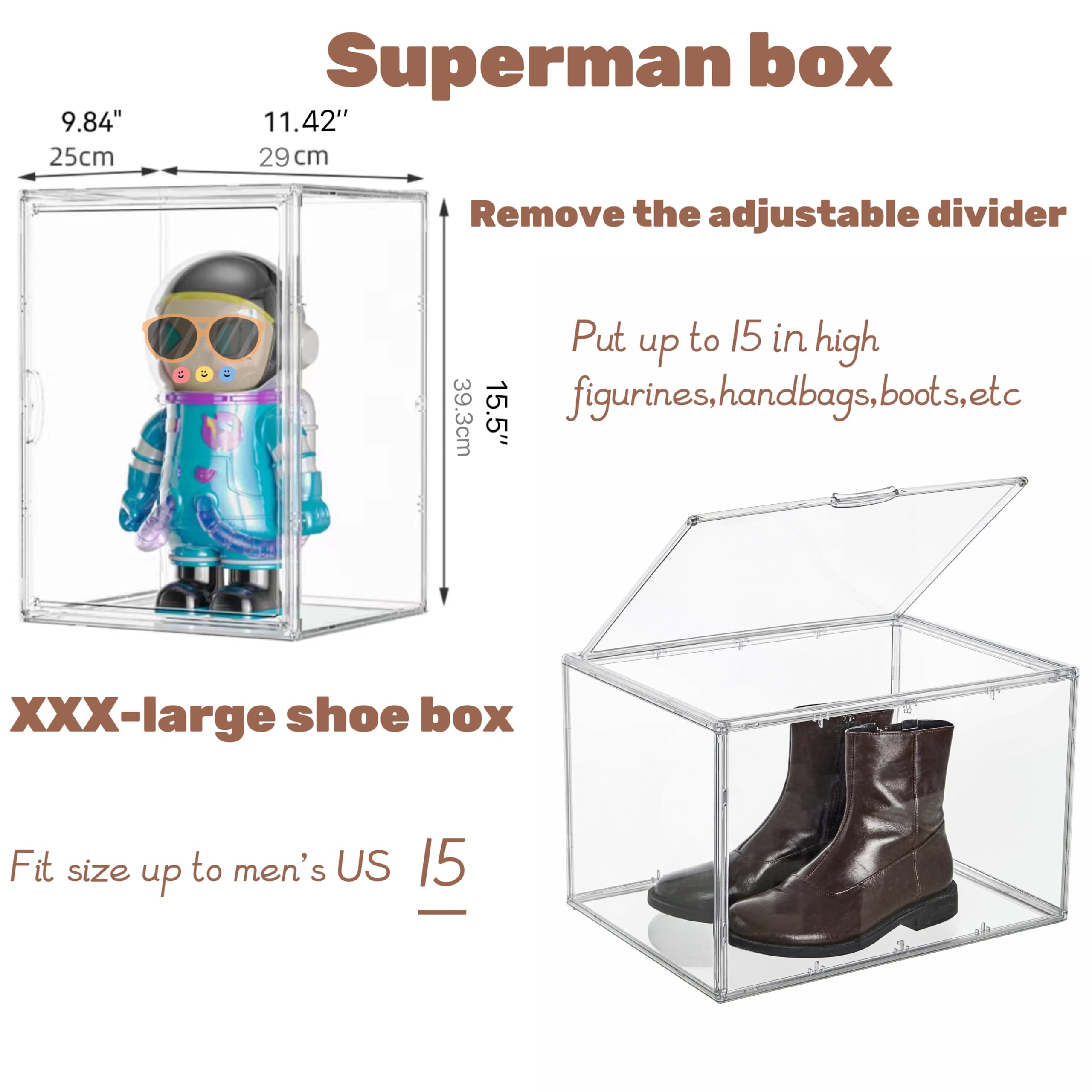 Attelite XX-Large Shoe Storage Boxes, Boot & Shoe Box Organizers with an Adjustable Divider, set of 2, Shoe Boxes Clear Plastic Stackable with Lids