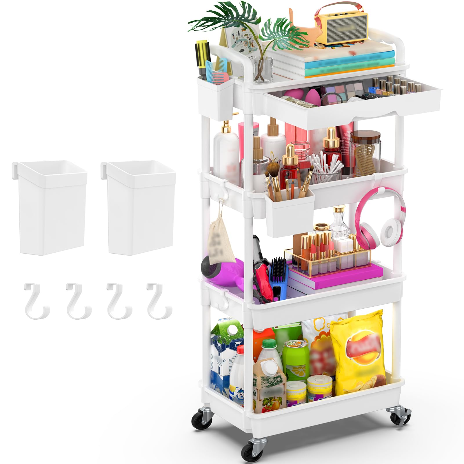 Yeabett 4 Tier Storage Trolley with Drawer, Utility Cart with Plastic Shelf & Lockable Wheels Multifunctional Storage Cart for Kitchen, Bathroom