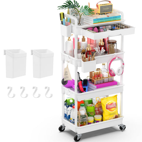 Yeabett 4 Tier Storage Trolley with Drawer, Utility Cart with Plastic Shelf & Lockable Wheels Multifunctional Storage Cart for Kitchen, Bathroom