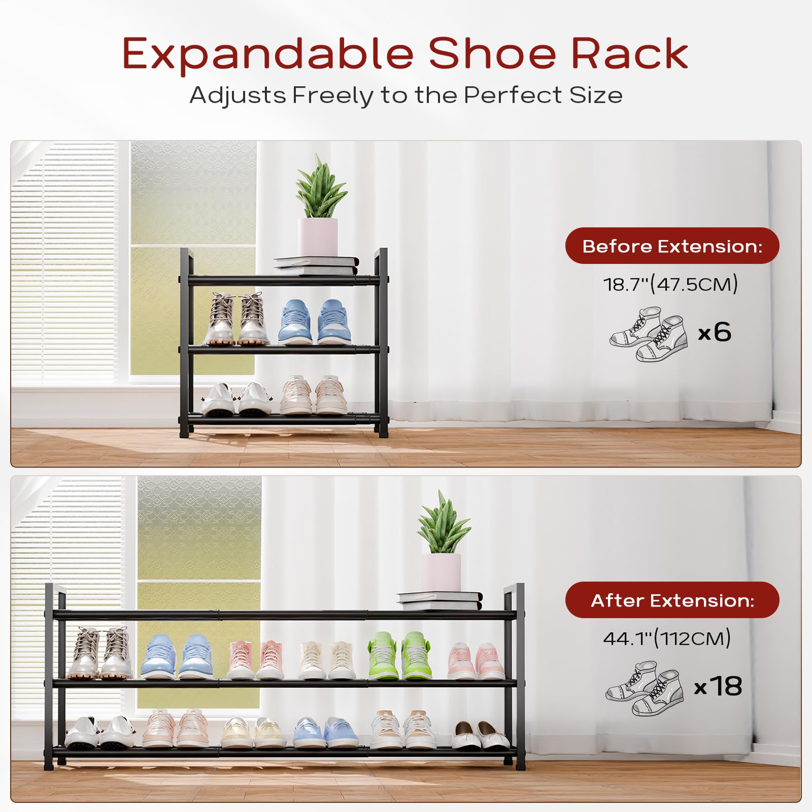 Bumusty 3 Tier Long Expandable Shoe Rack, Black