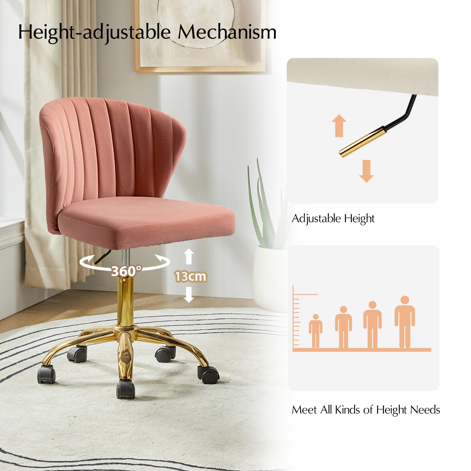 HULALA HOME Height Adjustable Swivel Desk Chair with Gold Base, Pink