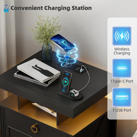 Lvifur Bedside Table with Charging Station,Human Sensor Lights for Bedroom