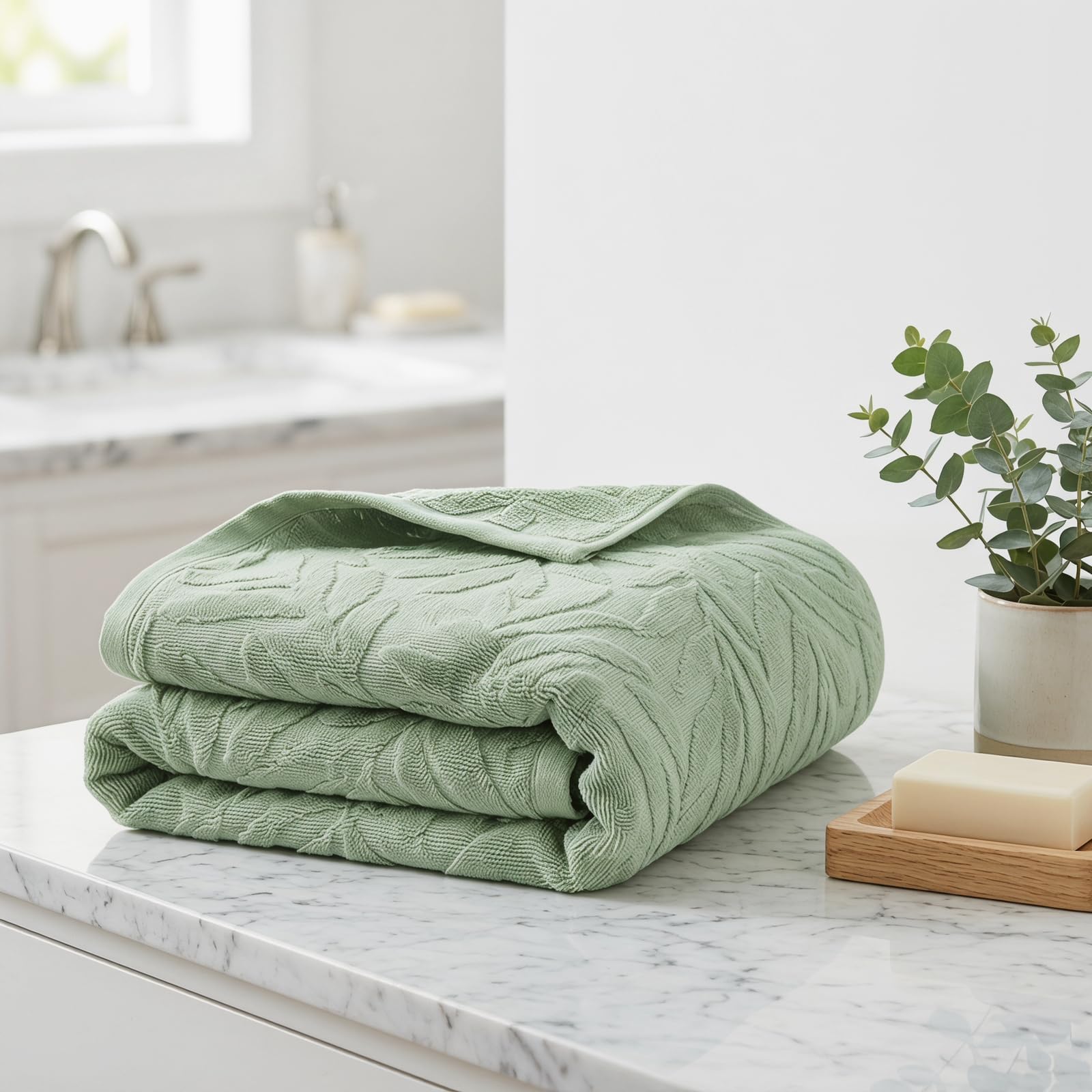 Solvio Premium 100% Cotton Towels Set - Sage Green Leaf Pattern Jacquard Towels - Super Soft and Highly Absorbent Bathroom Accessories for Home and