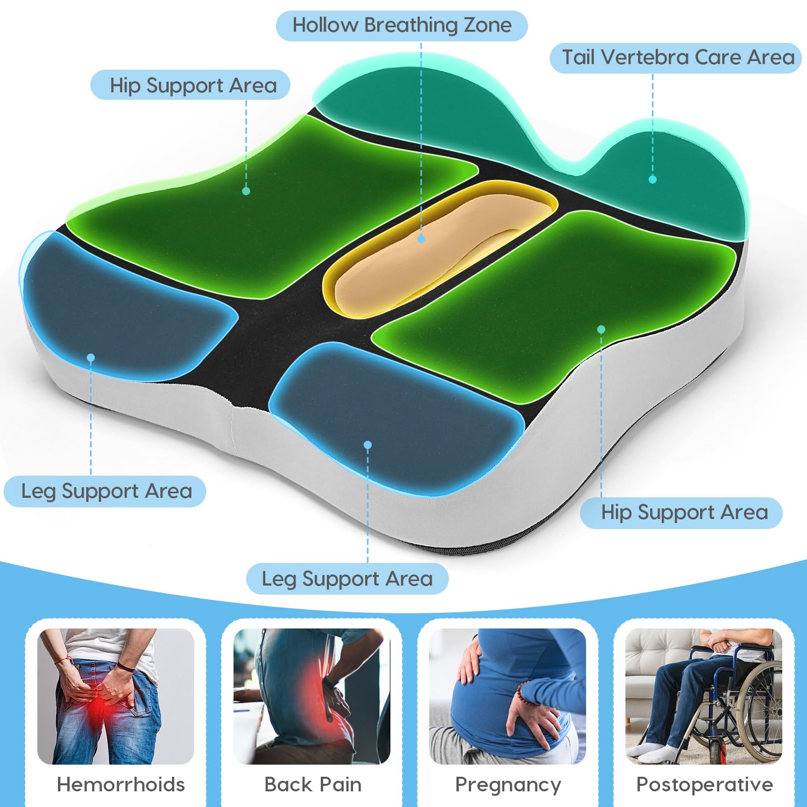 DmTown Memory Foam Seat Cushion, Ergonomic Coccyx Cushion for Tailbone Pain