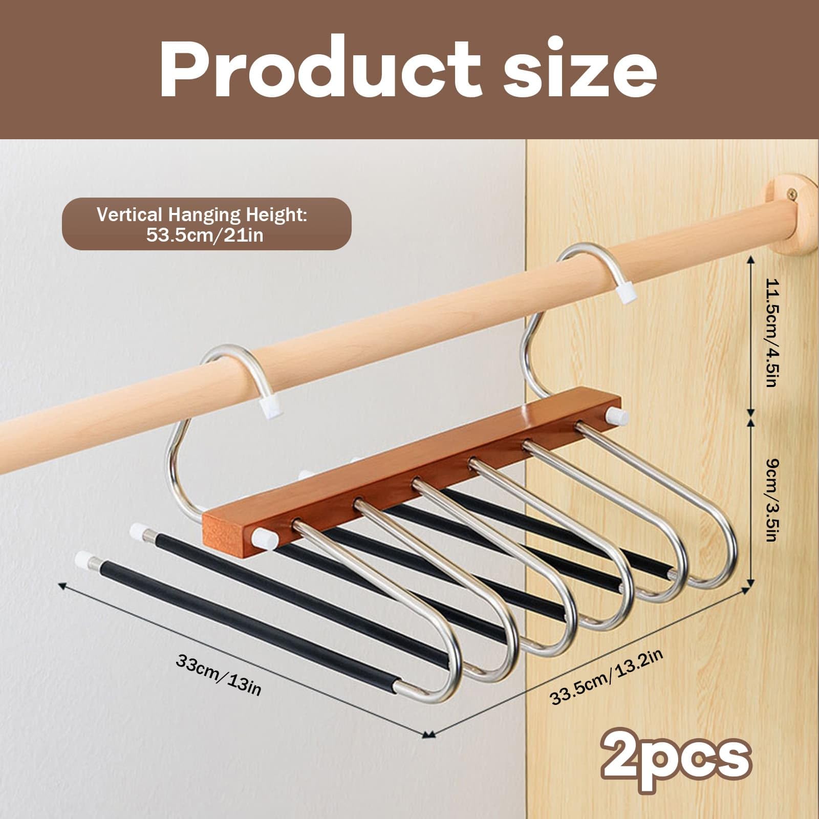 Trouser Hangers Space-Saving, 2 Pack Wooden Foldable with Anti-Slip Hooks