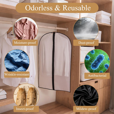6 Pack Translucent Waterproof Garment Bags, Dust‑Moth Proof 60×100cm
